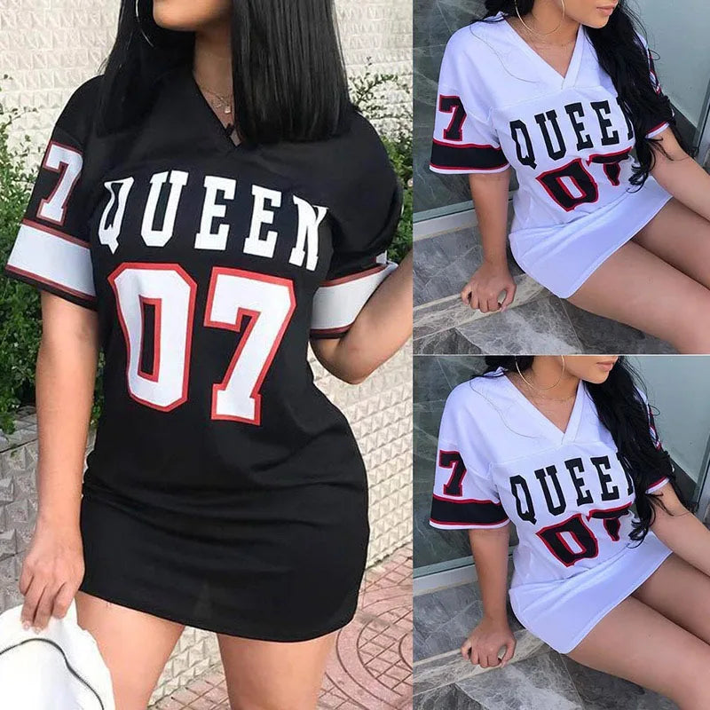 2026 New Fashion V-Neck Queen Letters Print Dress Short Sleeve Basketball Sporty Style Sexy Loose Female Clothing Streetwear