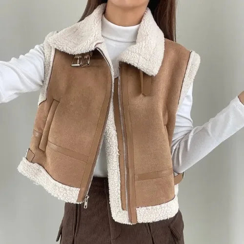 Women's Suede Vest Jaet Winter New Korean Version Retro Collar Fur Inteated Loose Match All Lapel Zipper Closure  Color