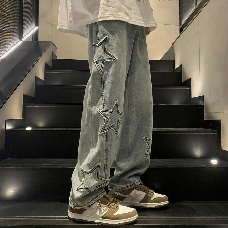 Asian Size American Hiphop Star Jeans Men Pants Men's High Street Trendy Brand Loose Straight Leg Wide Leg Pants Jeans Men Pants
