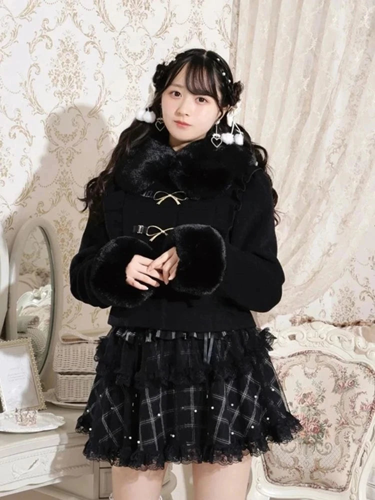 Japanese Fairy Furry Patchwork Hooded Jacket Harajuku Women Sweet Bow Grunge Coat 2025 Winter Y2k Aesthetic Ruffled Loose Coats