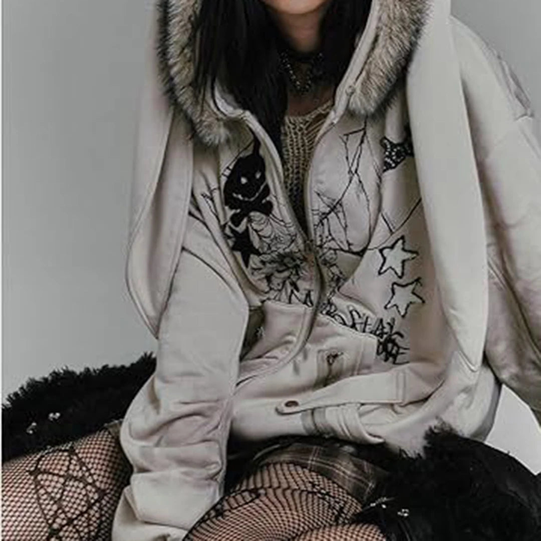 Women's retro washed fur collar Gothic star graphic loose Y2K street style hooded sweatshirt autumn and winter styles
