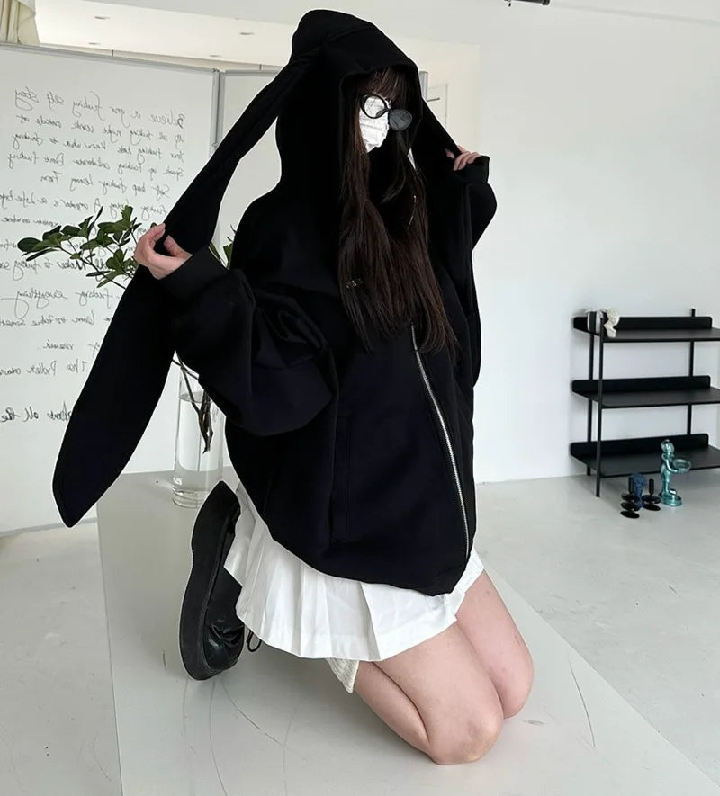 2025 Autumn Kawaii Bunny Big Extra Ears Hoodie Long Sleeve Hooded Sweatshirt Y2K Style Fashion Rabbit Oversized Zip-up Hoodies
