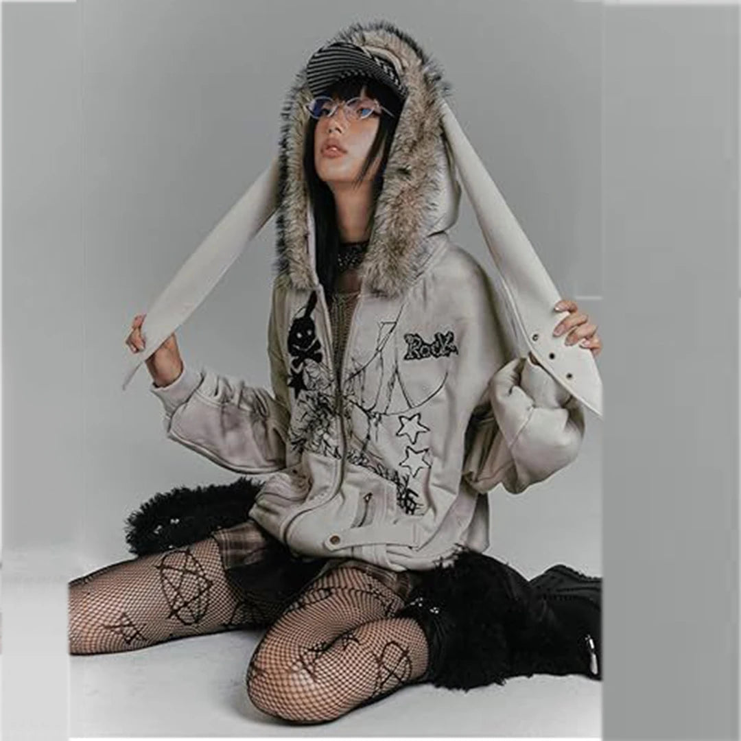 Women's retro washed fur collar Gothic star graphic loose Y2K street style hooded sweatshirt autumn and winter styles