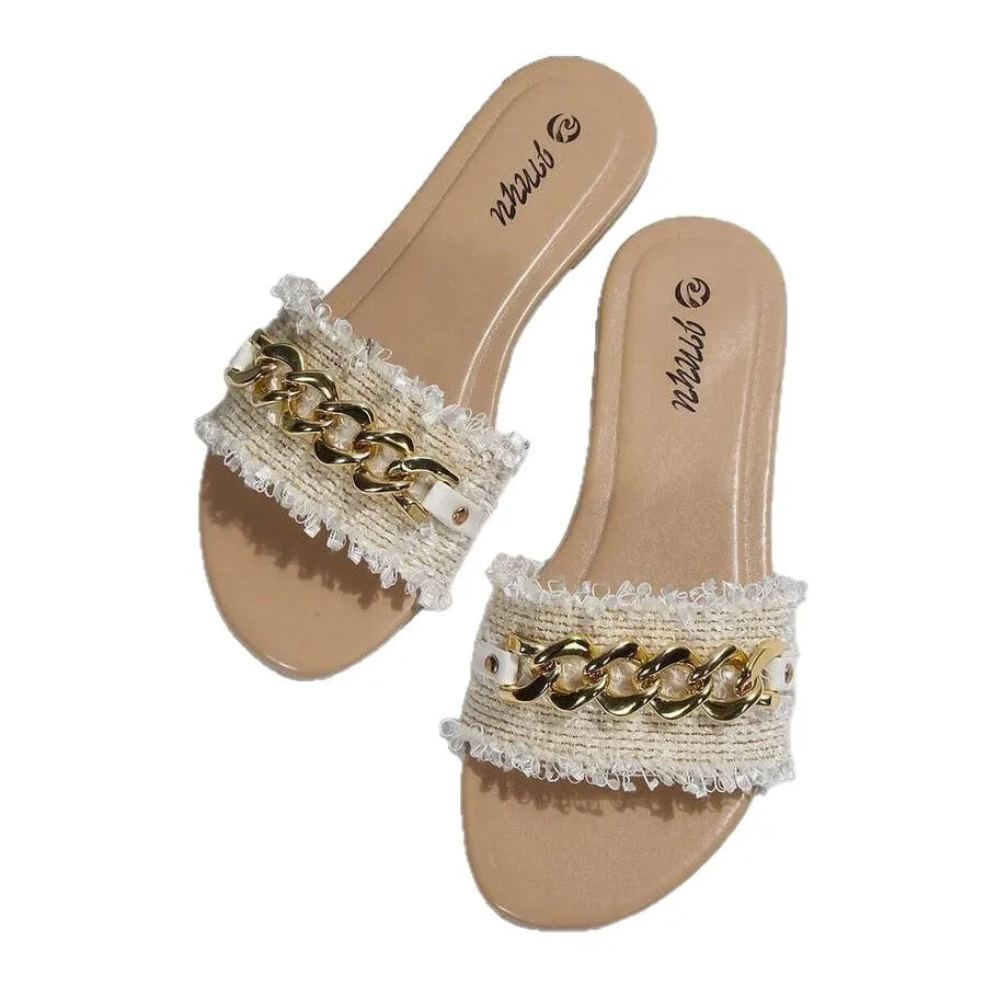 Women's Summer Fashion High-End Slippers with a Lightweight Feel, Breathable, Suitable for Both Indoor and Outdoor Use, One-Strap Design with Chain on the Upper, Stylish and Versatile, Perfect for Travel and the Beach