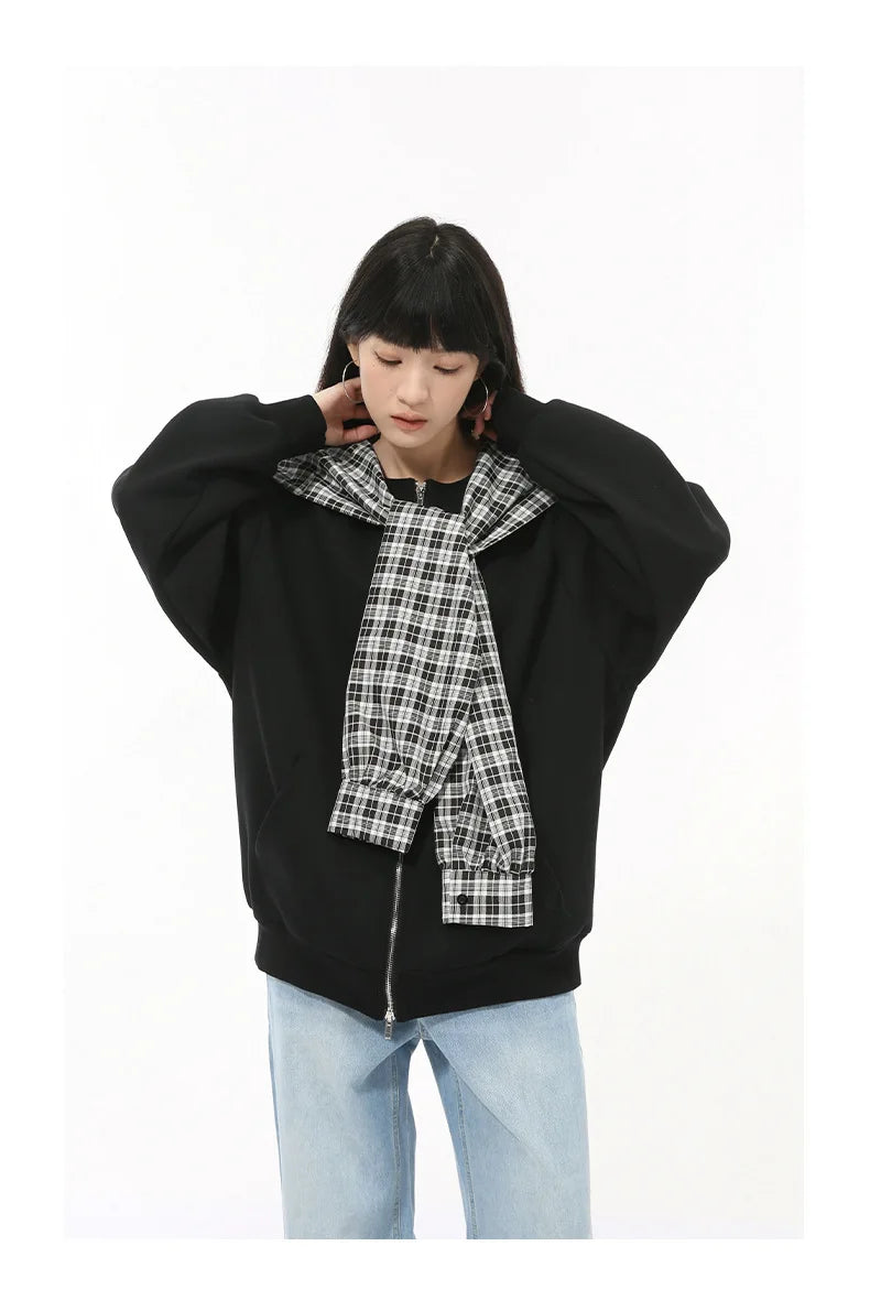 LEVIORTIN Korean Style Men's Hoodies Plaid Fake Two-piece Patchwork Zipper New Trendy Male Sweatshirt Personalized Autumn Tops