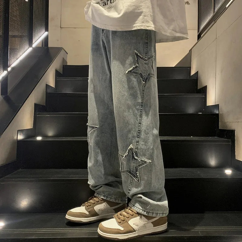 Asian Size American Hiphop Star Jeans Men Pants Men's High Street Trendy Brand Loose Straight Leg Wide Leg Pants Jeans Men Pants