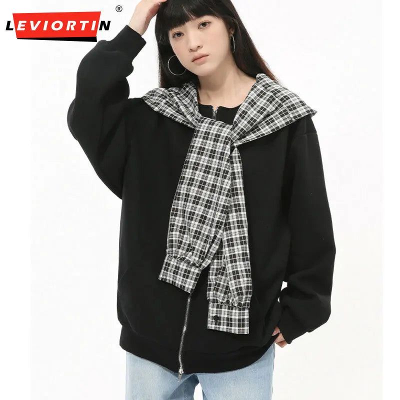 LEVIORTIN Korean Style Men's Hoodies Plaid Fake Two-piece Patchwork Zipper New Trendy Male Sweatshirt Personalized Autumn Tops