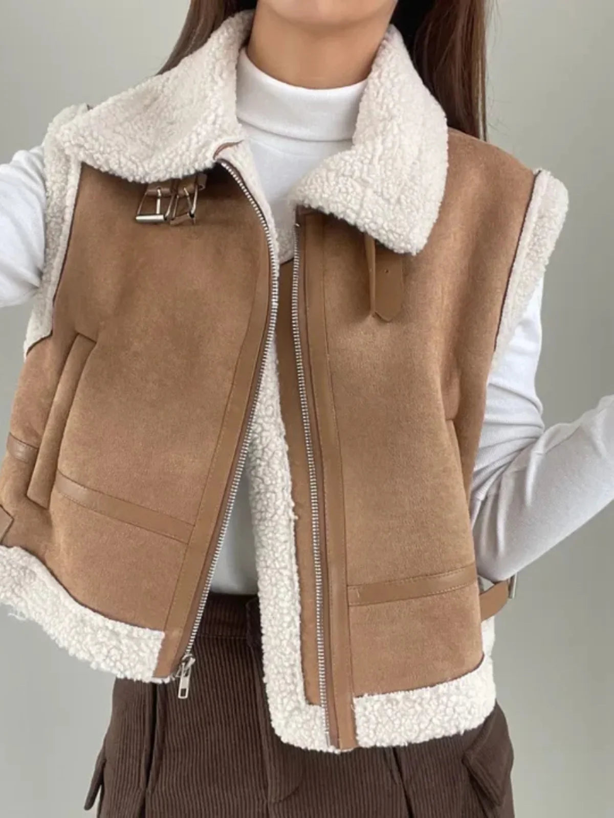 Women's Suede Vest Jaet Winter New Korean Version Retro Collar Fur Inteated Loose Match All Lapel Zipper Closure  Color