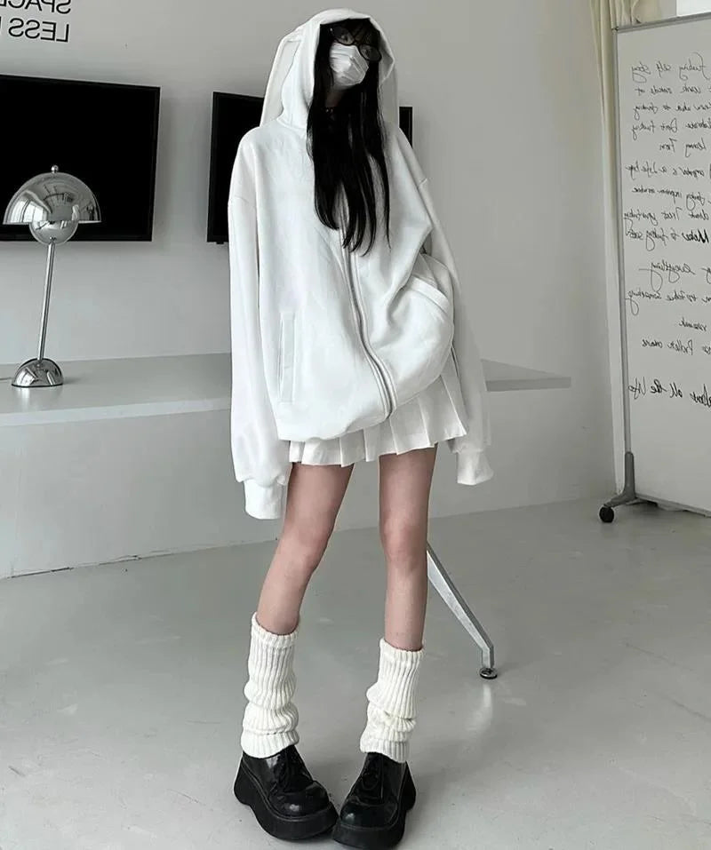 2025 Autumn Kawaii Bunny Big Extra Ears Hoodie Long Sleeve Hooded Sweatshirt Y2K Style Fashion Rabbit Oversized Zip-up Hoodies