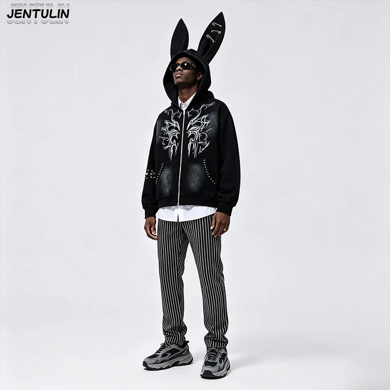 Harajuku Men Y2k Women Dark Subculture Rabbit Ear Hooded Jacket Thorny Butterfly Print Rivet Gradient Loose Hoodie Unisex