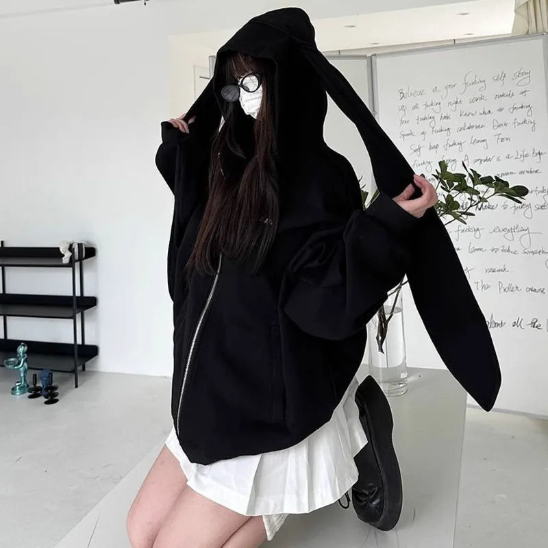 2025 Autumn Kawaii Bunny Big Extra Ears Hoodie Long Sleeve Hooded Sweatshirt Y2K Style Fashion Rabbit Oversized Zip-up Hoodies