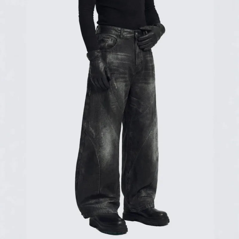 PFNW Street Style Distressed Patchwork Curved Jeans Men's Fashionable Loose Wide Leg Pants 2026 Summer New 28L3113