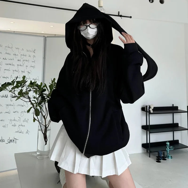 2025 Autumn Kawaii Bunny Big Extra Ears Hoodie Long Sleeve Hooded Sweatshirt Y2K Style Fashion Rabbit Oversized Zip-up Hoodies