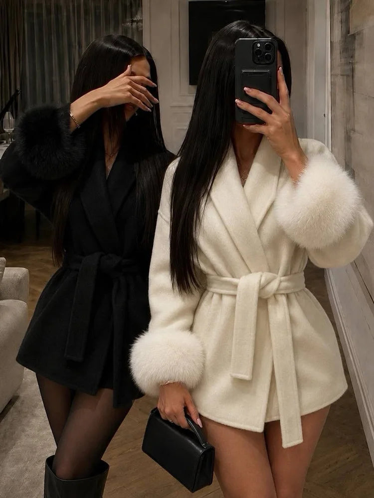 Tossy Fox Fur Wool Overcoat Women's Short Coat Office Lady Elegant Double-sided Woolen Coat 2025 New Cardigan Jackets Loose Wool