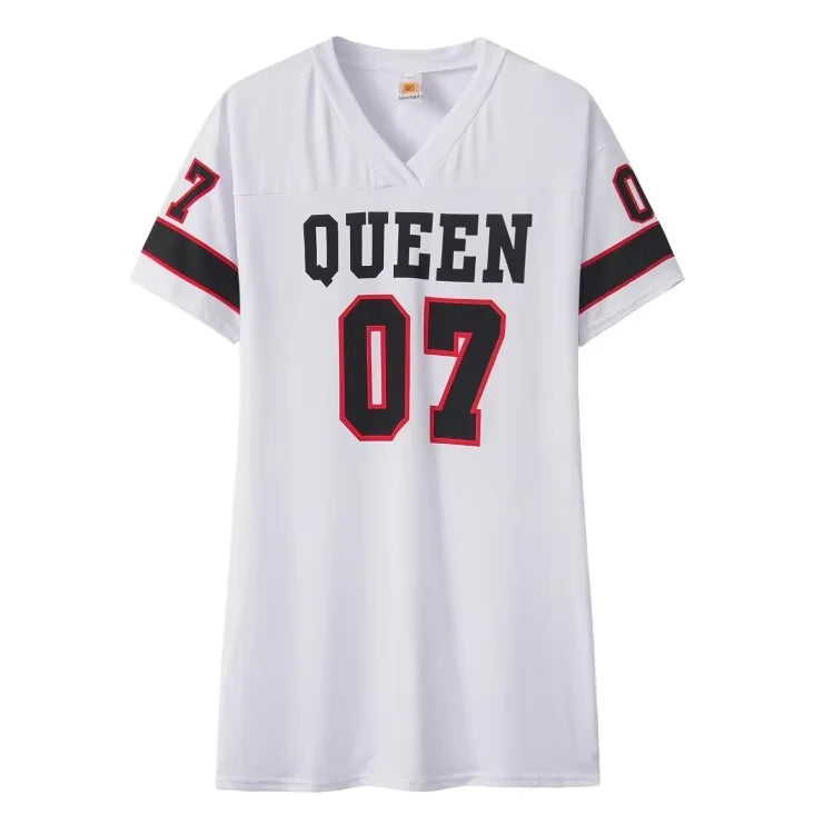 2026 New Fashion V-Neck Queen Letters Print Dress Short Sleeve Basketball Sporty Style Sexy Loose Female Clothing Streetwear