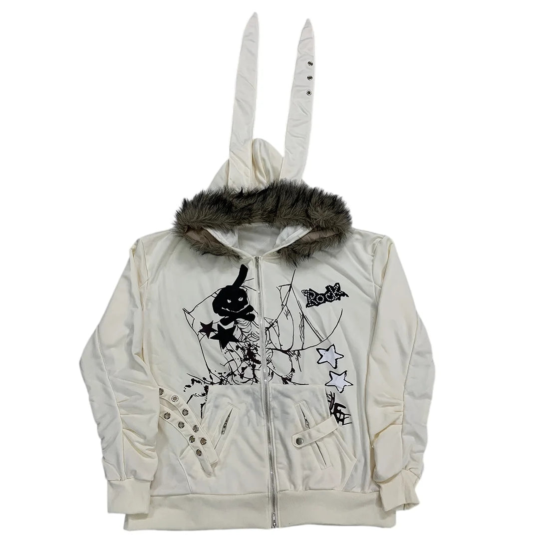 Women's retro washed fur collar Gothic star graphic loose Y2K street style hooded sweatshirt autumn and winter styles