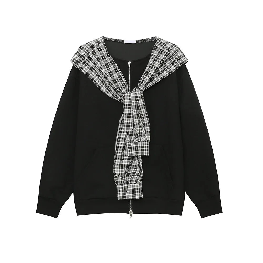 LEVIORTIN Korean Style Men's Hoodies Plaid Fake Two-piece Patchwork Zipper New Trendy Male Sweatshirt Personalized Autumn Tops