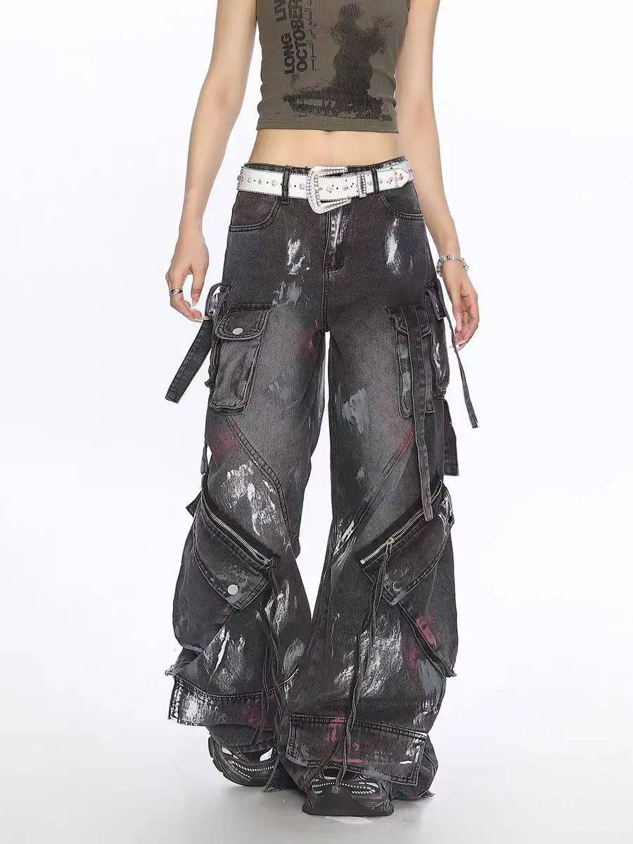 American 2000s Heavy Industry Y2K Harajuku Gothic Multi-Pocket Washed Black Jeans Men And Women Oversize Hip Hop Wide Leg Pants