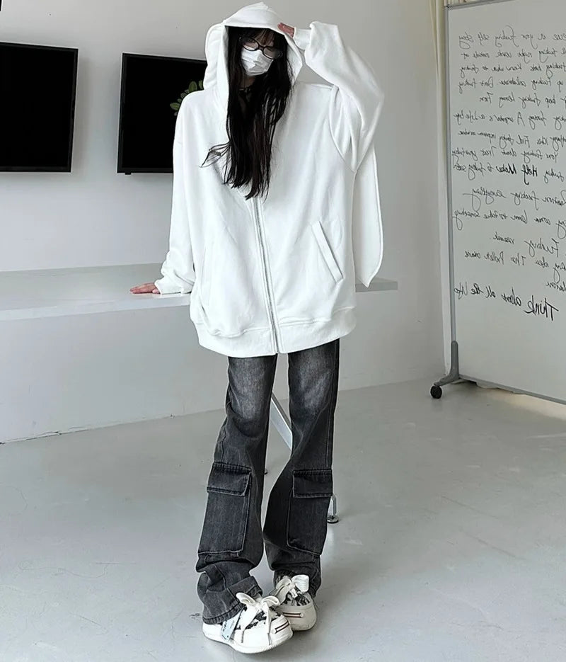 2025 Autumn Kawaii Bunny Big Extra Ears Hoodie Long Sleeve Hooded Sweatshirt Y2K Style Fashion Rabbit Oversized Zip-up Hoodies