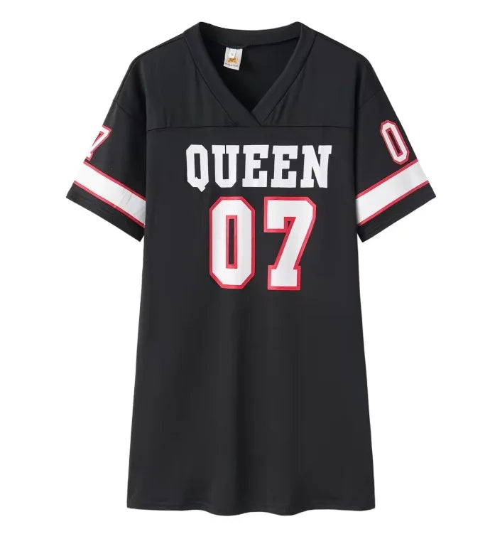 2026 New Fashion V-Neck Queen Letters Print Dress Short Sleeve Basketball Sporty Style Sexy Loose Female Clothing Streetwear