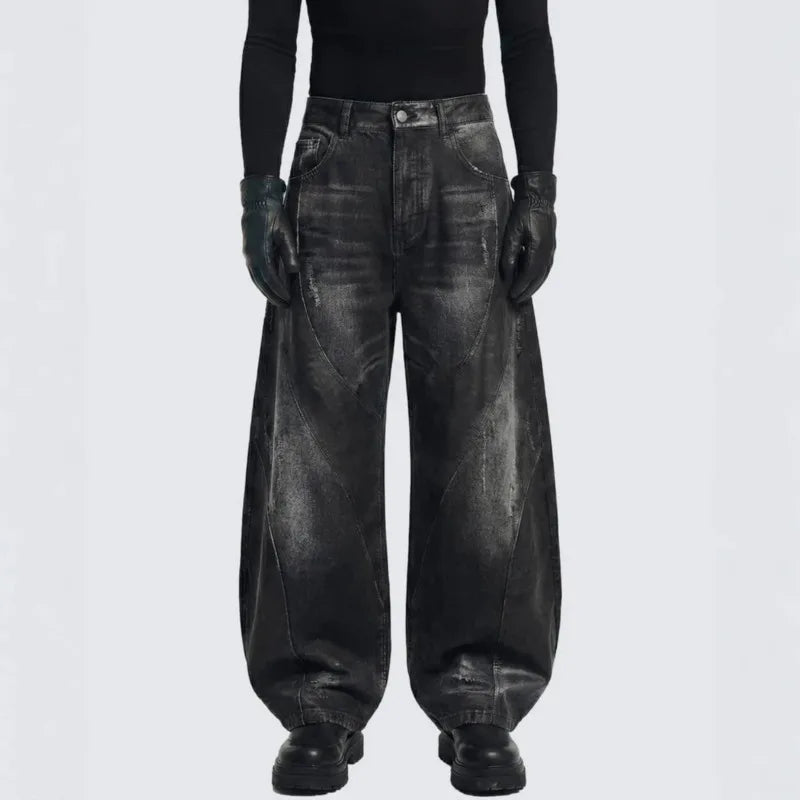 PFNW Street Style Distressed Patchwork Curved Jeans Men's Fashionable Loose Wide Leg Pants 2026 Summer New 28L3113