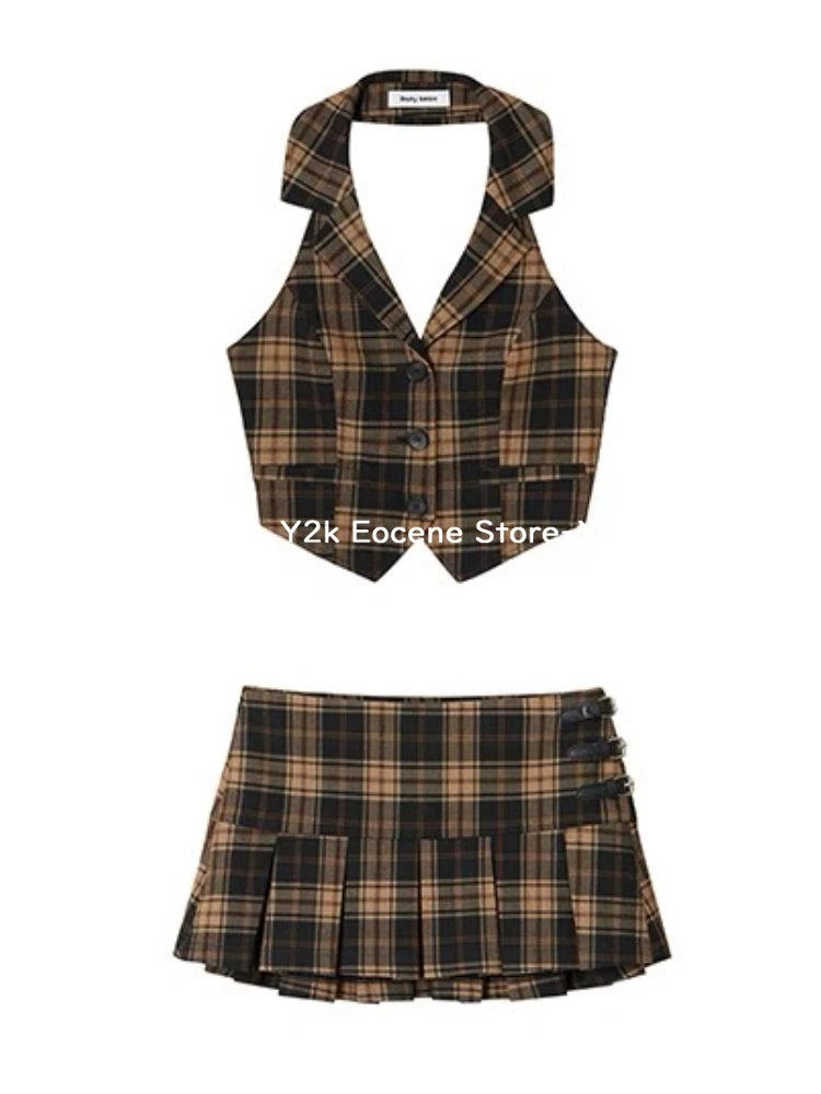 Y2K American Style Streetwear Sets Women Retro Plaid Vest Tops + High-waisted Short Skirt Suit Summer Sexy Two Piece Set 2000s