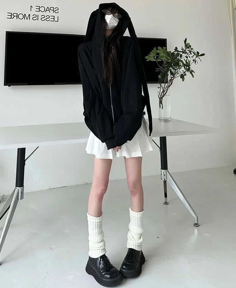 2025 Autumn Kawaii Bunny Big Extra Ears Hoodie Long Sleeve Hooded Sweatshirt Y2K Style Fashion Rabbit Oversized Zip-up Hoodies