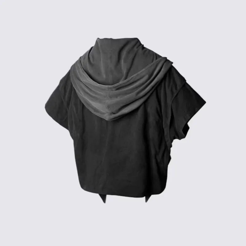 PFNW Fashionable Vintage Hooded Shawl T Shirt Men's Patchwork Loose Short Sleeve Tops 2026 Summer New 28L2329