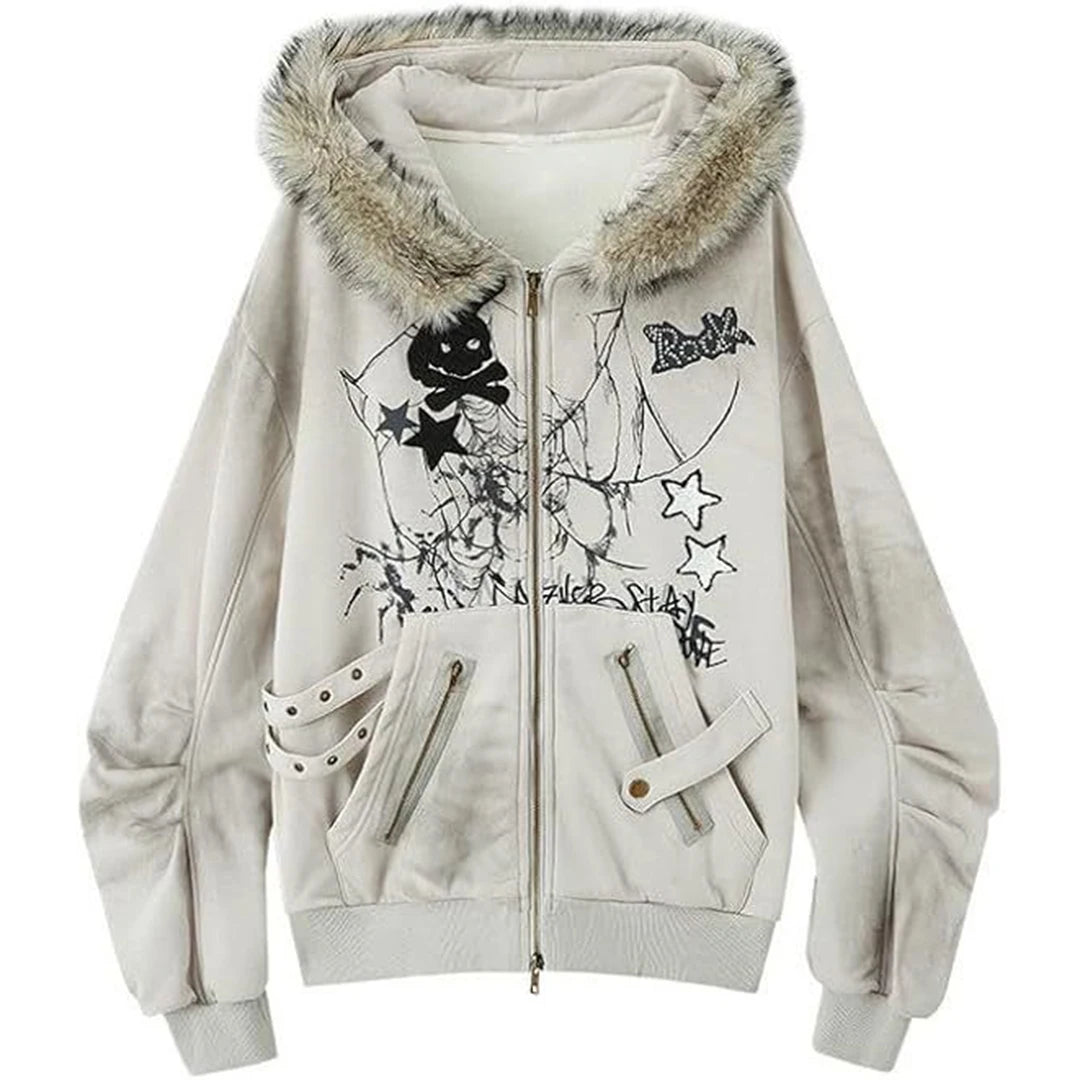 Women's retro washed fur collar Gothic star graphic loose Y2K street style hooded sweatshirt autumn and winter styles