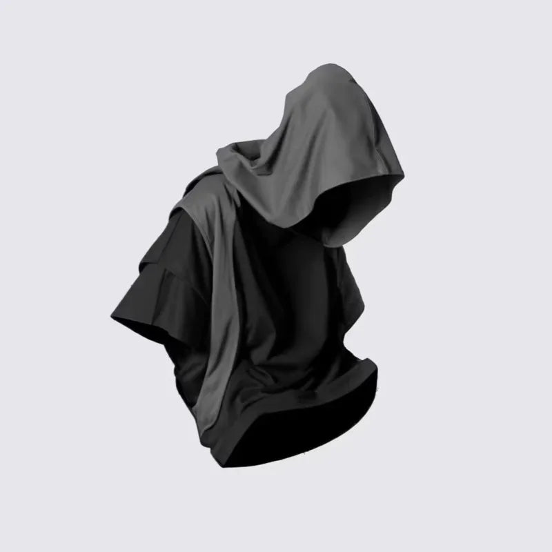 PFNW Fashionable Vintage Hooded Shawl T Shirt Men's Patchwork Loose Short Sleeve Tops 2026 Summer New 28L2329