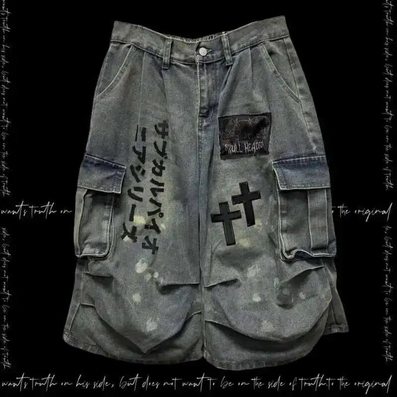 Gothic Punk Women Dark Seven Part Crop Jeans For Men And Women Summer Wasteland Style Wrinkled Patchwork Wide Leg Pants