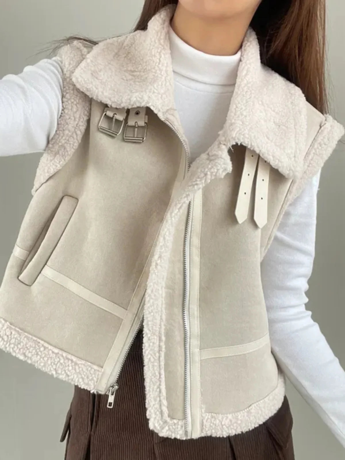 Women's Suede Vest Jaet Winter New Korean Version Retro Collar Fur Inteated Loose Match All Lapel Zipper Closure  Color