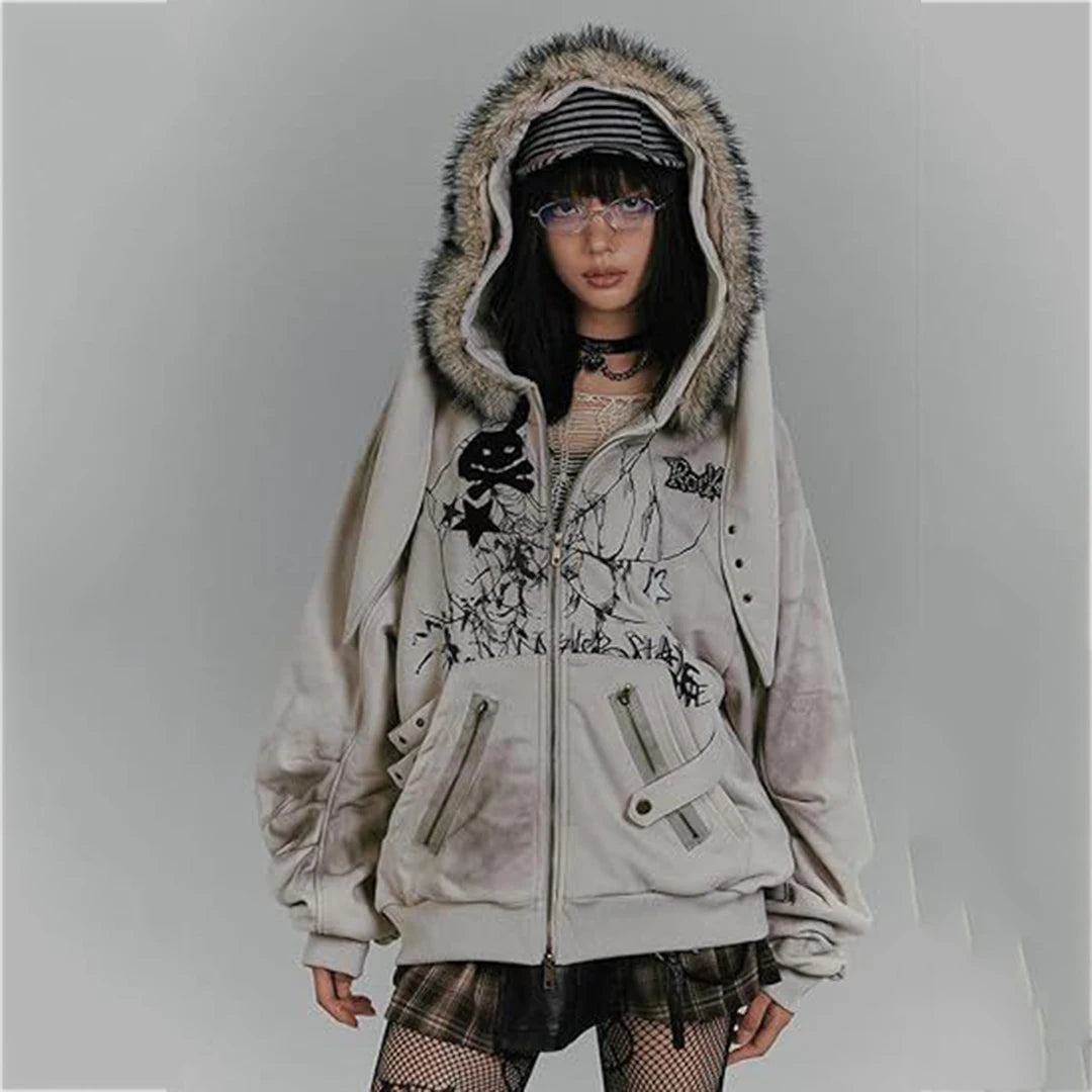 Women's retro washed fur collar Gothic star graphic loose Y2K street style hooded sweatshirt autumn and winter styles