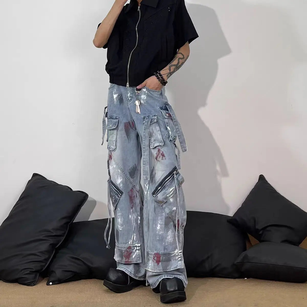 American 2000s Heavy Industry Y2K Harajuku Gothic Multi-Pocket Washed Black Jeans Men And Women Oversize Hip Hop Wide Leg Pants