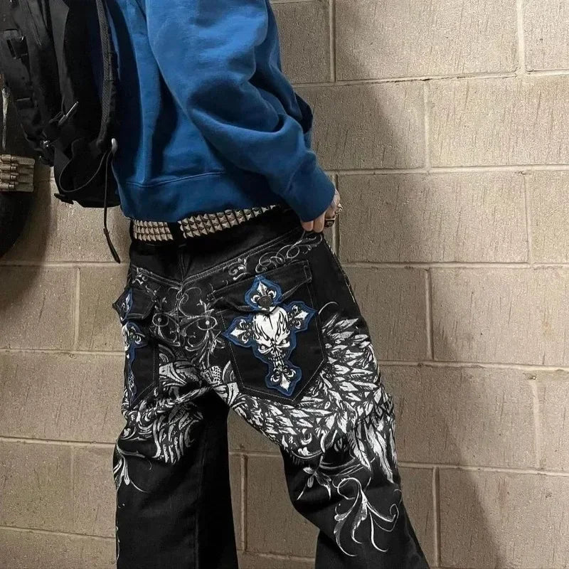 American Retro Y2K High Street Gothic Embroidered Men Black Red Pattern High Waist Jeans Street Couple Casual Pants
