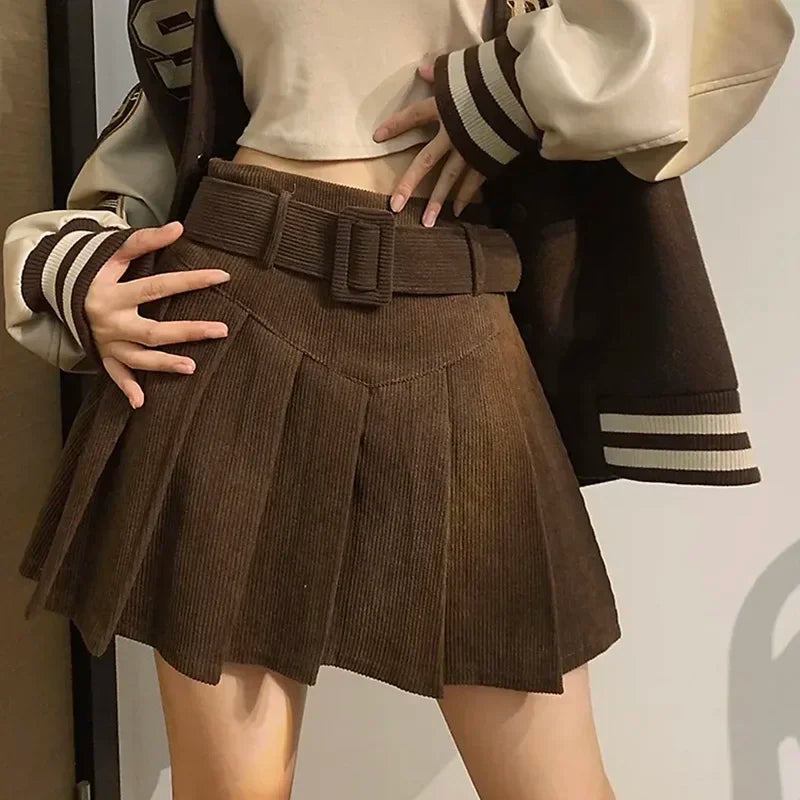 Cord Belted Pleated Skirt Texture Corduroy Box Pleat Mini Skirt with Belt Women Teen-girl Academy School Autumn Winter Outfit