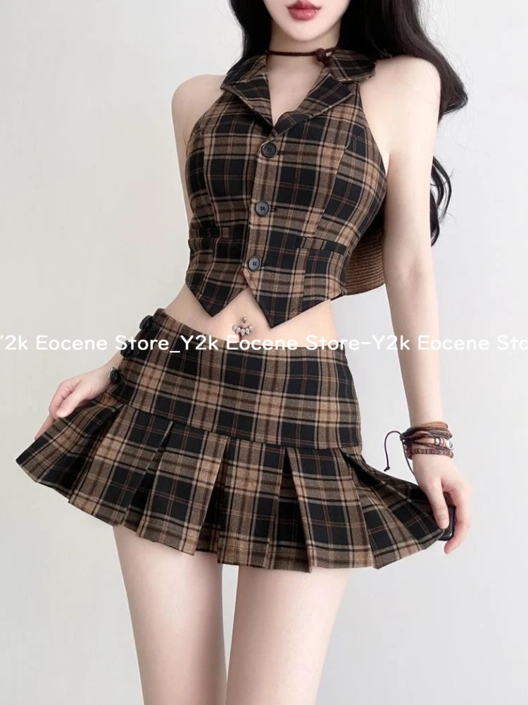Y2K American Style Streetwear Sets Women Retro Plaid Vest Tops + High-waisted Short Skirt Suit Summer Sexy Two Piece Set 2000s