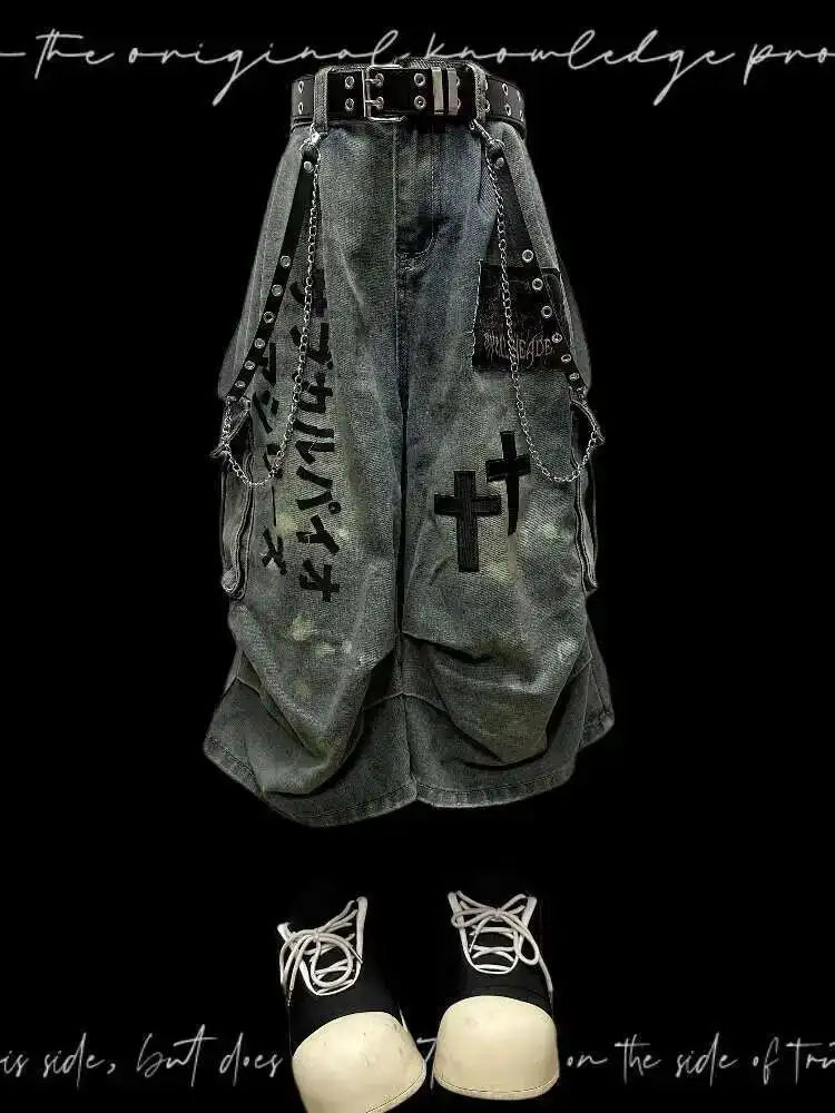Gothic Punk Women Dark Seven Part Crop Jeans For Men And Women Summer Wasteland Style Wrinkled Patchwork Wide Leg Pants