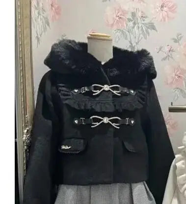 Japanese Fairy Furry Patchwork Hooded Jacket Harajuku Women Sweet Bow Grunge Coat 2025 Winter Y2k Aesthetic Ruffled Loose Coats