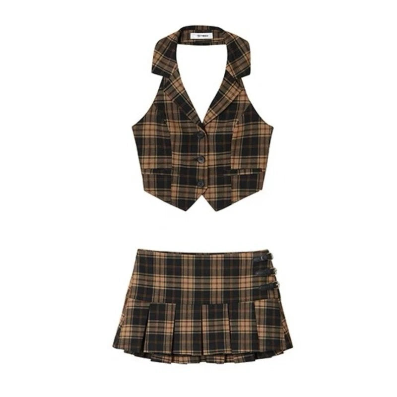 Y2K American Style Streetwear Sets Women Retro Plaid Vest Tops + High-waisted Short Skirt Suit Summer Sexy Two Piece Set 2000s