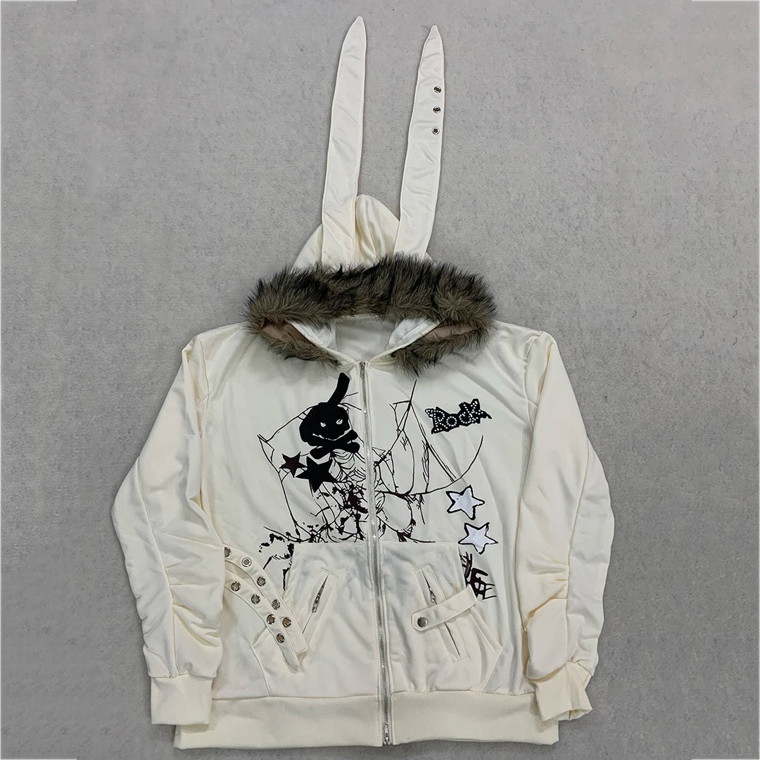Women's retro washed fur collar Gothic star graphic loose Y2K street style hooded sweatshirt autumn and winter styles