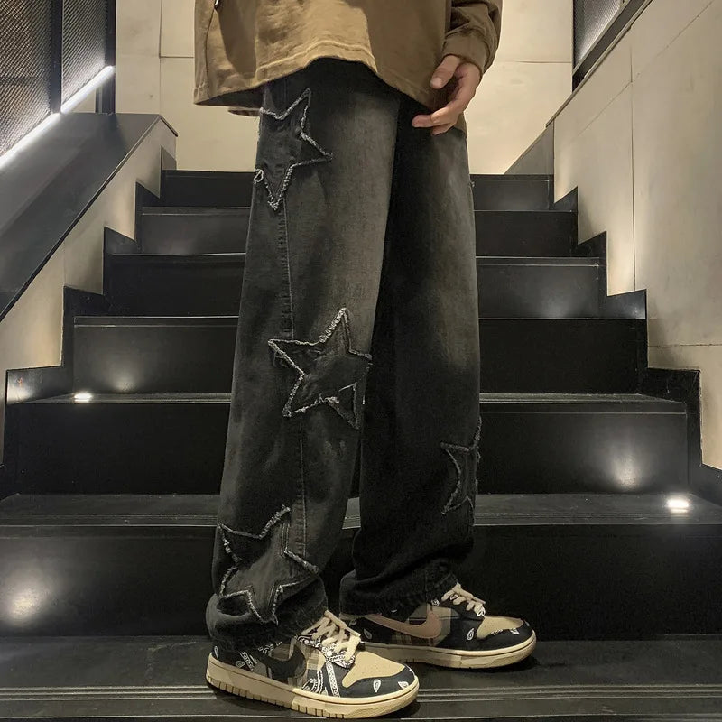 Asian Size American Hiphop Star Jeans Men Pants Men's High Street Trendy Brand Loose Straight Leg Wide Leg Pants Jeans Men Pants