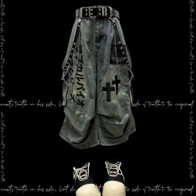 Gothic Punk Women Dark Seven Part Crop Jeans For Men And Women Summer Wasteland Style Wrinkled Patchwork Wide Leg Pants